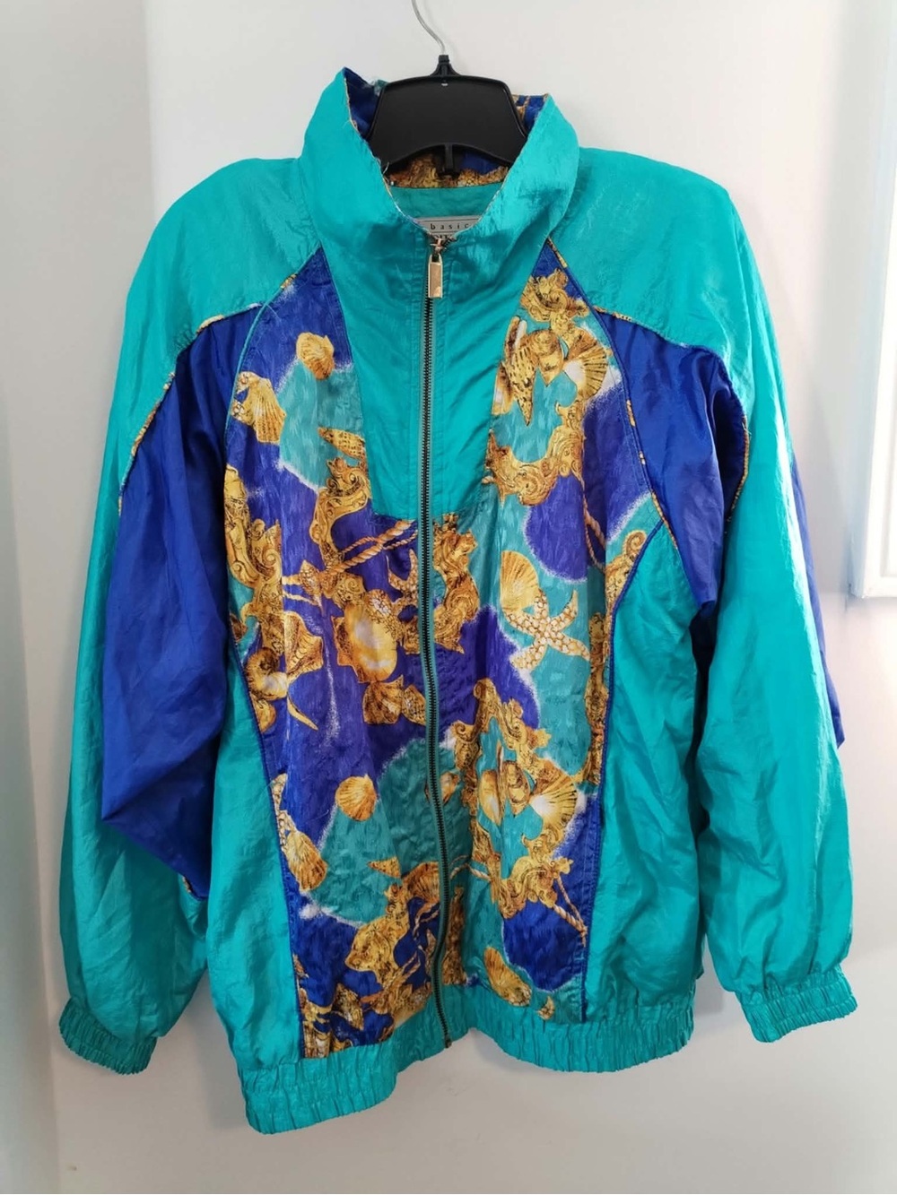 Women’s Vintage Teal and Royal Blue Baroque-Print Bomber Jacket - Size Medium
